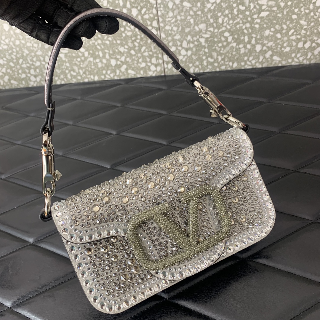 Valentino Garavani Loco Small Shoulder Bag with Grey Rhinestone Applique